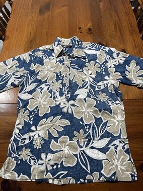 GO BAREFOOT Vintage Mens Hawaiian Blue Tan White Floral Leaf 1/4 Button SS Shirt